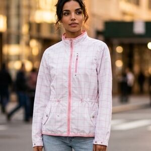 Izod Light Pink Grid Utility Jacket with Contrast Trim; Large/ Zip Off Sleeves